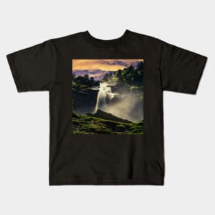 Waterfall In middle of trees during sunset Kids T-Shirt